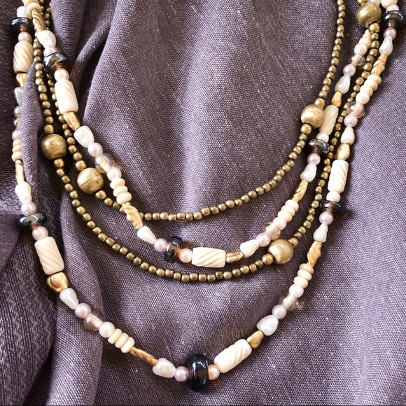 Boho Beaded Bone/Glass and Bronze Necklaces Set - Picture 2 of 3